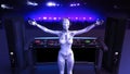 DJ android, disc jockey robot pointing and playing music on turntables, cyborg on stage with deejay audio equipment, 3D render