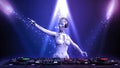 DJ android, disc jockey robot pointing and playing music on turntables, cyborg on stage with deejay audio equipment, 3D render