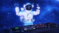 DJ astronaut, disc jockey spaceman with hands up playing music on turntables, cosmonaut on stage with deejay audio equipment, 3D