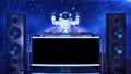 DJ astronaut, disc jockey spaceman with hands up playing music on turntables, cosmonaut on stage with deejay audio equipment