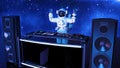 DJ astronaut, disc jockey spaceman with hands up playing music on turntables, cosmonaut on stage with deejay audio equipment, side