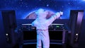 DJ astronaut, disc jockey spaceman with microphone playing music on turntables, cosmonaut on stage with deejay audio equipment
