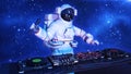 DJ astronaut, disc jockey spaceman with microphone playing music on turntables, cosmonaut on stage with deejay audio equipment