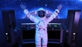 DJ astronaut, disc jockey spaceman playing music on turntables, cosmonaut on stage with deejay audio equipment, rear view, 3D