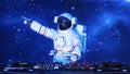 DJ astronaut, disc jockey spaceman pointing and playing music on turntables, cosmonaut on stage with deejay audio equipment, 3D