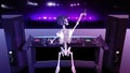 DJ Bones, human skeleton with microphone and hat playing music on turntables, skeleton on stage with audio equipment, rear view Royalty Free Stock Photo