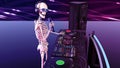 DJ Bones, human skeleton with microphone playing music on turntables, skeleton with disc jockey audio equipment, side view