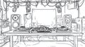 DJ Booth Equipment Sketch - Turntables, Mixer, Speakers, and Lights Royalty Free Stock Photo