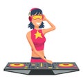 Dj characters. Female party musician in headphones for event music record console vector people. Dj music party