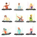 Dj characters. Male and female party musicians in headphones for event music record console vector people