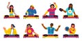 DJ characters with turntables. People bring together electronic music tracks in real time. Men and women play on musical Royalty Free Stock Photo