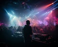 dj in concert in a flood of laser and strobe lights and in a light smoky haze, a magical club atmosphere full of colors