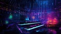 DJ console cd mp4 deejay mixing desk house music party in nightclub with colored disco lights.