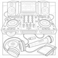 DJ Console, Microphone, Headphones, Laptop And Speakers.Coloring Book Antistress For Children And Adults.