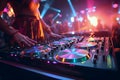 dj control on a mixer table in a disco club, colorful bokeh background Royalty Free Stock Photo