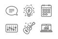 Dj controller, Chat and Calendar icons set. Inspiration, Guitar and Online statistics signs. Vector