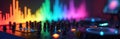 DJ controller panel lights up with colorful audio visualizer. EDM music equipment has many knobs, faders, and buttons ready for Royalty Free Stock Photo