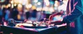 The DJ creating an electrifying atmosphere with vibrant tunes and lights..AI generated image Royalty Free Stock Photo