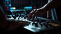 DJ creating music on modern console mixer in night club, generative ai