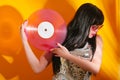 Dj disco girl party retro vintage yellow orange young woman vinyl glamour light sun sunlight set sunrise summer morning