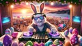 A DJ Easter Bunny with neon sunglasses spins records at a beach party with Easter eggs and decorations on the DJ booth Royalty Free Stock Photo