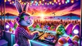 A DJ Easter Bunny with neon sunglasses spins records at a beach party with Easter eggs and decorations on the DJ booth Royalty Free Stock Photo