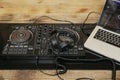 DJ equipment controller or mixer and headphones, laptop. Music background, banner. Modern technologies Royalty Free Stock Photo