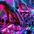 DJ hands on deck, neon glow, close focus , Prime Lenses