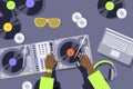 DJ hands on sound mixer console panel, music controller equalizer, vector illustration in flat style