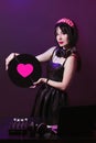 Dj headphone equipment disco girl party retro vintage ultraviolet mixer young woman vinyl glamor valentine`s day plastic pink