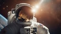 dj with headphones outer space view of an astronaut and the Earth. The image shows a close up and focused view Royalty Free Stock Photo