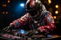 DJ in helmet, colorful illustration with design. Concept of isolated technologies. Generated AI