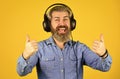 Dj hipster. Excellent music playlist. Rhythm concept. Noise cancellation function. Music beat. Man bearded hipster