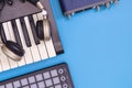 DJ home studio top view with blue copy space Royalty Free Stock Photo