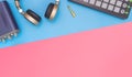 DJ home studio equipment top view on blue pink copy space Royalty Free Stock Photo