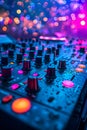 DJ mixer board with many different colored buttons and knobs on it. Generative AI Royalty Free Stock Photo