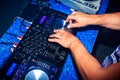 DJ mixes professional music equipment for disco in night club