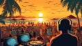 Dj mixing at a beach party with a crowd. Generative AI