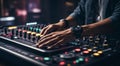 dj mixing music mixer, dj mixing music, dj at work, close-up of hands dj mixing music, close-up of dj mixer Royalty Free Stock Photo