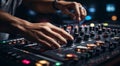 dj mixing music mixer, dj mixing music, dj at work, close-up of hands dj mixing music, close-up of dj mixer Royalty Free Stock Photo