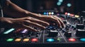 dj mixing music mixer, dj mixing music, dj at work, close-up of hands dj mixing music, close-up of dj mixer Royalty Free Stock Photo