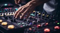 dj mixing music mixer, dj mixing music, dj at work, close-up of hands dj mixing music, close-up of dj mixer Royalty Free Stock Photo