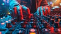 DJ Mixing Music on Professional Controller with Red Lighting and Camera in Background Royalty Free Stock Photo