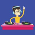 DJ mixing music on turntables vector illustration.