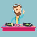 DJ mixing music on turntables vector illustration. Royalty Free Stock Photo