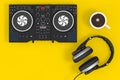 DJ Mixing Turntable with Headphones and Coffee Cup. 3d Rendering