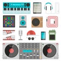 DJ music equipment vector set.