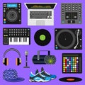 DJ music vector discjockey playing disco on turntable sound record set with headphones and players audio equipment for Royalty Free Stock Photo