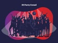 DJ party crowd vector illustration. Adult friends and couples enjoying life, club, celebration and active entertainment with light