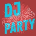 Dj Party Design For Your Poster With A Dj Sound Mixer And Turntables Drawing Not Isolated. Artistic Cartoon Hand Drawn Royalty Free Stock Photo